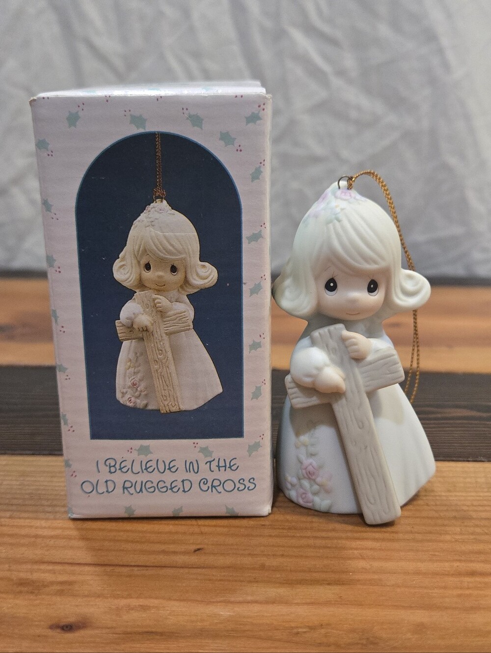 Precious Moments White and Pink Girl Holding Cross Ornament